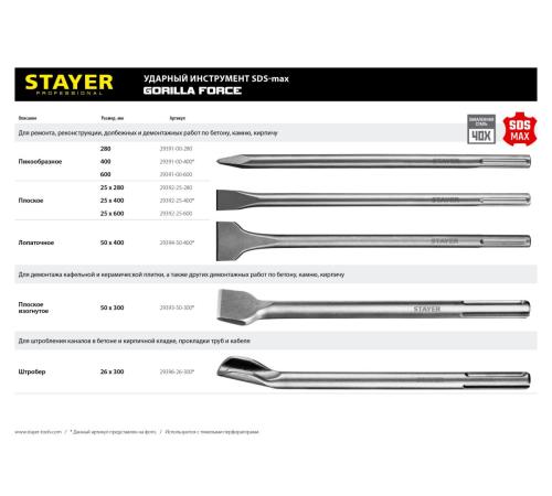 STAYER Gorilla Force, 280 мм, SDS-max, пикообразное зубило, Professional (29391-00-280)