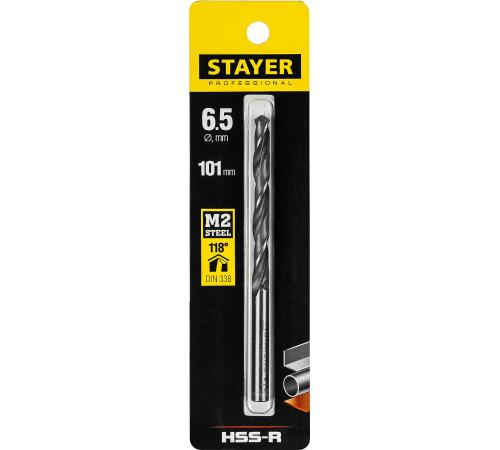 STAYER HSS-R, 6.5 х 101 мм, быстрорежущая сталь P6M5, сверло по металлу, Professional (29602-6.5)