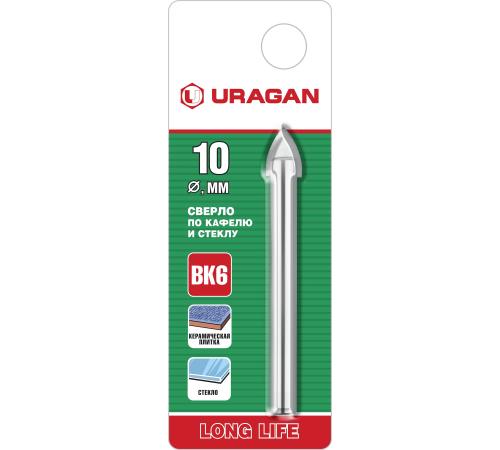 URAGAN 10 мм, 2х кромка, цилиндр хвостовик, Сверло по стеклу и кафелю (29830-10)