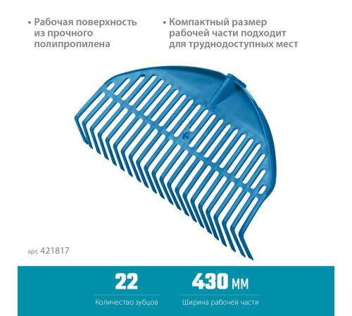 GRINDA PL-22, 430 х 40 х 210 мм, 22 зубца, ударопрочный пластик, грабли веерные пластиковые, PROLineе (421817)