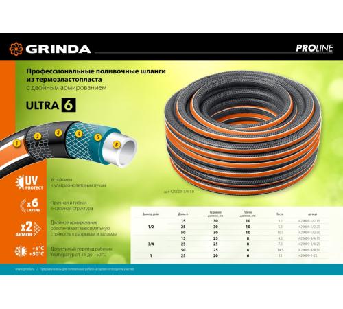 GRINDA ULTRA 6, 1/2″, 15 м, 30 атм, шестислойный, двойное армирование, поливочный шланг, PROLine (429009-1/2-15)
