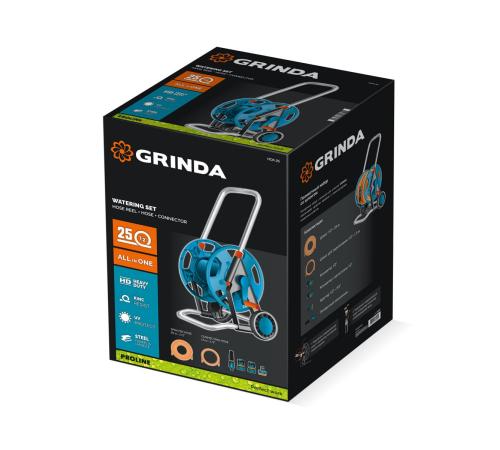 GRINDA HCK-25, шланг 25м x 1/2″, поливочный набор 4 предмета, усиленные колеса, телескопическая ручка, катушка со шлангом в комплект ProLine (428461)