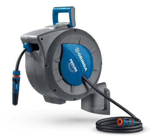 GRINDA HRA-20, шланг 20м x 1/2″, на поворотном кронштейне настенная, поливочный набор 4 предмета, катушка автоматическая со шлангом ProLine (428470)