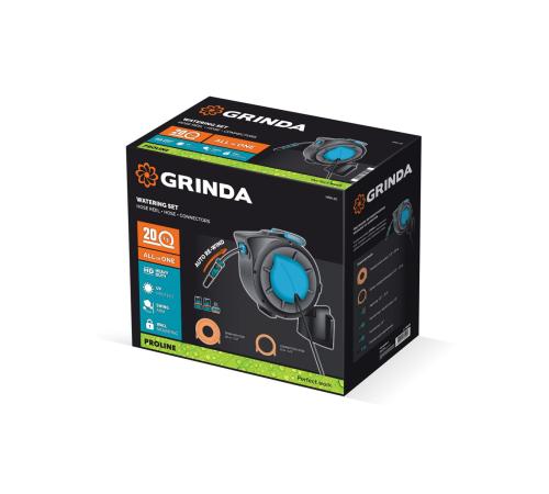 GRINDA HRA-20, шланг 20м x 1/2″, на поворотном кронштейне настенная, поливочный набор 4 предмета, катушка автоматическая со шлангом ProLine (428470)