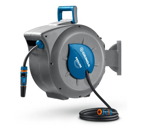 GRINDA HRA-30, шланг 30м x 1/2″, на поворотном кронштейне настенная, поливочный набор 4 предмета, катушка автоматическая со шлангом ProLine (428471)