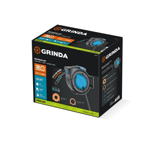 GRINDA HRA-30, шланг 30м x 1/2″, на поворотном кронштейне настенная, поливочный набор 4 предмета, катушка автоматическая со шлангом ProLine (428471)