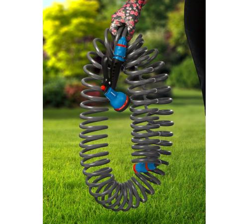 GRINDA спиральный шланг 3/8″ x 15 м, пистолет-распылитель, адаптеры, поливочный набор, PROLine (428495)
