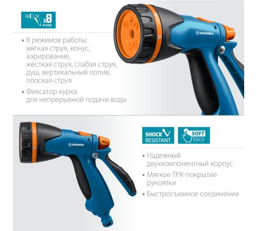 GRINDA B-8, 8 режимов, курок сзади, двухкомпонентный, поливочный пистолет, PROLine (429110)