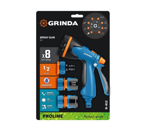 GRINDA B-812, питолет поливочный B-8, коннектор 1/2, конектор 1/2 с автостопом, адаптер с внутр. резьбой 1/2 х 3/4, набор поливочный PROLine (429114)