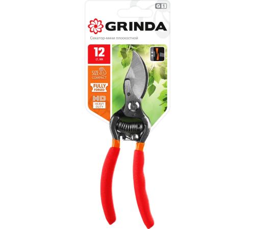 GRINDA G-1, 150 мм, цельнокованые лезвия, стальные рукоятки, покрытие ПВХ, плоскостной мини-секатор (423101)