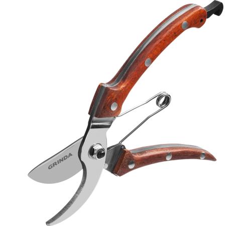 GRINDA P-17, 195 мм, из нержавеющей стали, с деревянными рукоятками, цельнокованый компактный плоскостной секатор, PROLine (423417)
