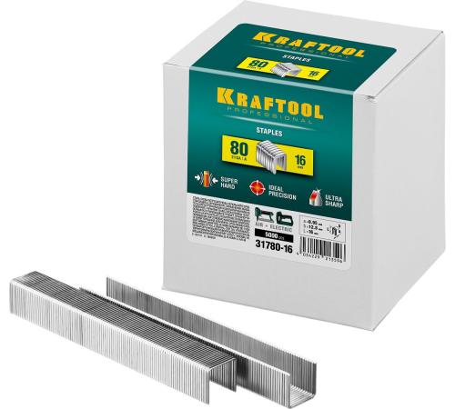 KRAFTOOL скобы тип 80 (BeA/Prebena A/Senco AT), 16 мм, калибр 21GA. 5000 шт (31780-16)