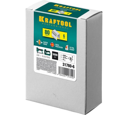 KRAFTOOL скобы тип 80 (BeA/Prebena A/Senco AT), 6 мм, калибр 21GA. 5000 шт (31780-6)