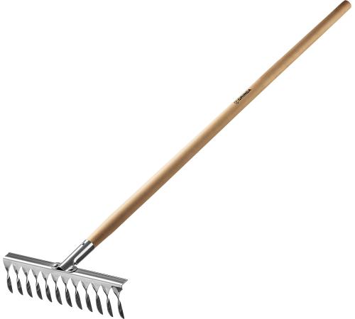 GRINDA PS-12 WOOD, 370 х 105 х 1300 мм, 12 витых зубцов, нержавеющая сталь, деревянный черенок, садовые грабли, PROLine (39481-12)