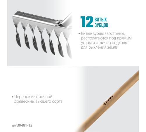 GRINDA PS-12 WOOD, 370 х 105 х 1300 мм, 12 витых зубцов, нержавеющая сталь, деревянный черенок, садовые грабли, PROLine (39481-12)