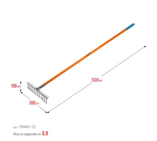 GRINDA PS-12 FIBER, 380 х 100 х 1530 мм, 12 витых зубцов, нержавеющая сталь, фибергласовый черенок, садовые грабли, PROLine (39482-12)