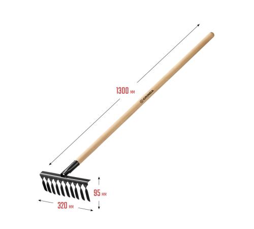 GRINDA GS-10 WOOD, 320 х 95 х 1300 мм, 10 витых зубцов, углеродистая сталь, антикор. покрытие, черенок дерев. высш. сорт, садовые грабли (39581-10)
