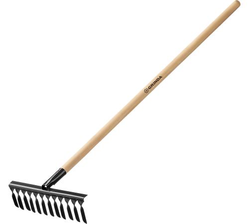 GRINDA GS-12 WOOD, 385 х 95 х 1300 мм, 12 витых зубцов, углеродистая сталь, антикор. покрытие, черенок дерев. высш. сорт, садовые грабли(39581-12)