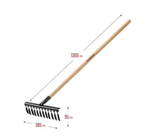 GRINDA GS-12 WOOD, 385 х 95 х 1300 мм, 12 витых зубцов, углеродистая сталь, антикор. покрытие, черенок дерев. высш. сорт, садовые грабли(39581-12)