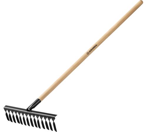 GRINDA GS-14 WOOD, 445 х 95 х 1300 мм, 14 витых зубцов, углеродистая сталь, антикор. покрытие, черенок дерев. высш. сорт, садовые грабли(39581-14)