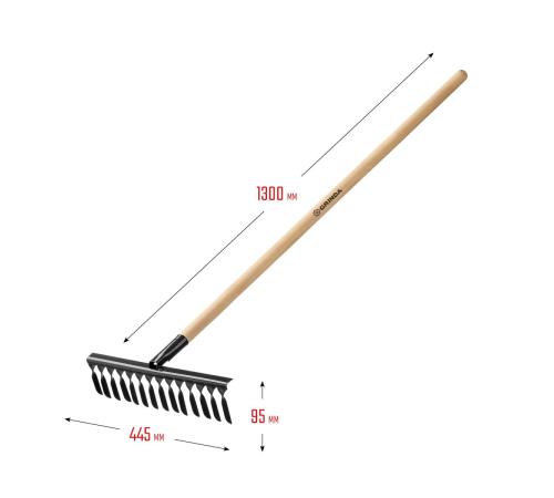 GRINDA GS-14 WOOD, 445 х 95 х 1300 мм, 14 витых зубцов, углеродистая сталь, антикор. покрытие, черенок дерев. высш. сорт, садовые грабли(39581-14)