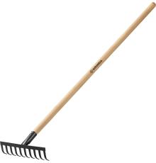 GRINDA GT-10 WOOD, 260 х 80 х 1300 мм, 10 прямых зубцов, углерод. сталь, антикор. покрытие, черенок дерев. высш. сорт, садовые грабли (39583-10)