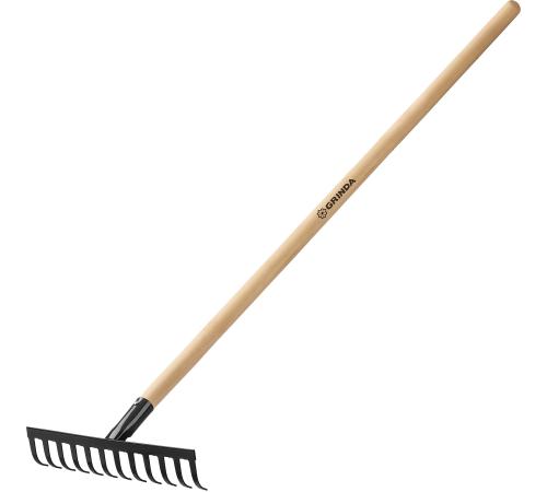 GRINDA GT-12 WOOD, 310 х 80 х 1300 мм, 12 прямых зубцов, углерод. сталь, антикор. покрытие, черенок дерев. высш. сорт, садовые грабли (39583-12)