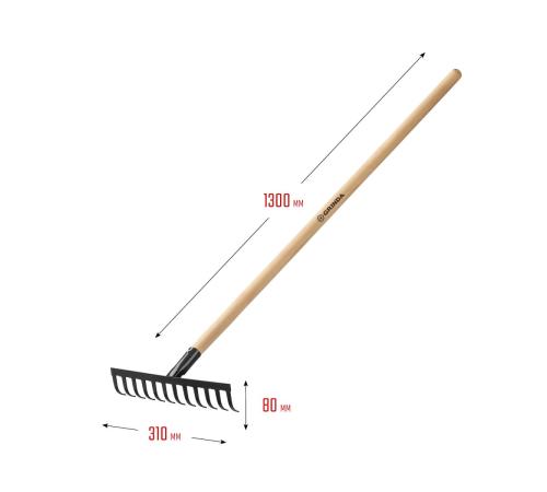 GRINDA GT-12 WOOD, 310 х 80 х 1300 мм, 12 прямых зубцов, углерод. сталь, антикор. покрытие, черенок дерев. высш. сорт, садовые грабли (39583-12)