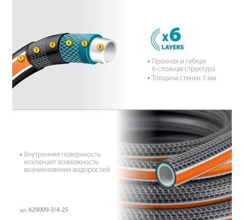GRINDA ULTRA 6, 3/4″, 25 м, 25 атм, шестислойный, двойное армирование, поливочный шланг, PROLine (429009-3/4-25)