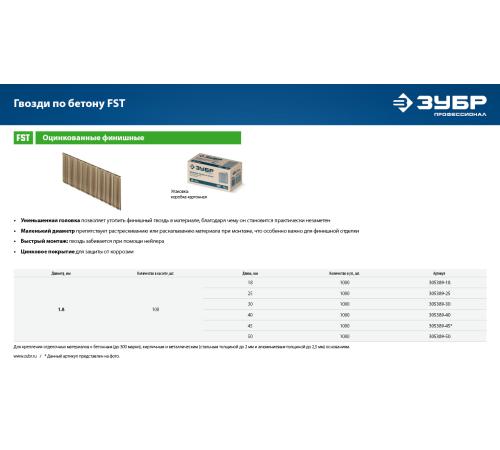 ЗУБР FST 18 х 1.8 мм, финишные гвозди по бетону оцинкованные, калибр 15GA, 1000 шт (305389-18)