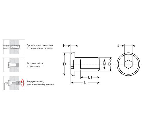 ЗУБР M6 x 12 мм, шест. 5 мм, цинк, 5 кг, гайка Эриксона с плоской головкой, Профессионал (303770-5)