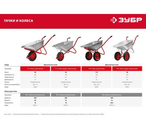 ЗУБР Т-12, 90 л, 180 кг, одноколесная, пневматическое колесо, строительная тачка (39960)