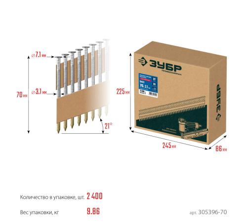 ЗУБР SN21 70 х 3.1 мм, реечные гвозди рифленые оцинкованные, 2400 шт (305396-70)