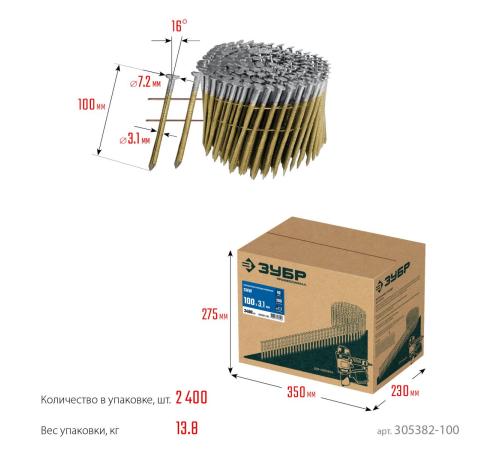 ЗУБР CNW 100 х 3.1 мм, барабанные гвозди рифленые, 2400 шт (305382-100)
