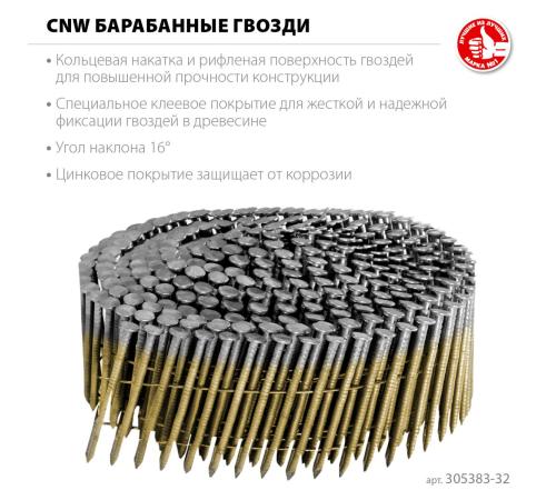 ЗУБР CNW 32 х 2.1 мм, барабанные гвозди рифленые оцинкованные, 14700 шт (305383-32)