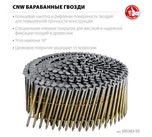 ЗУБР CNW 50 х 2.3 мм, барабанные гвозди рифленые оцинкованные, 9000 шт (305383-50)