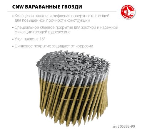 ЗУБР CNW 90 х 3.1 мм, барабанные гвозди рифленые оцинкованные, 3600 шт (305383-90)