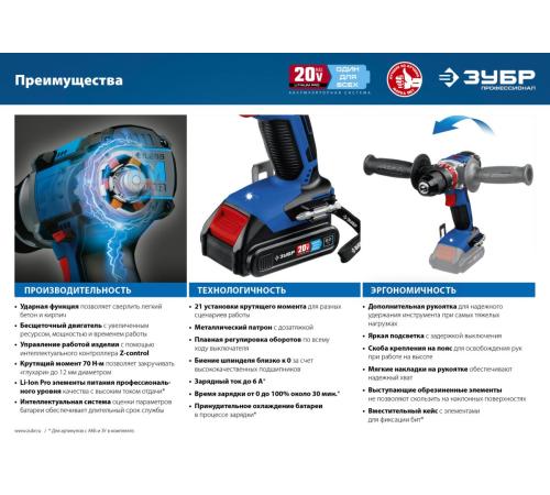 ЗУБР Т7, 20 В, 70 Н·м, 2 АКБ (2 А·ч), бесщеточная ударная дрель-шуруповерт, кейс, Профессионал (DBS-201-22)