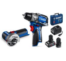 ЗУБР КОМПАКТ #5, набор: дрель-шуруповерт + мини УШМ, BRUSHLESS, 12 В, 45 Н·м, 2 АКБ тип Т7 (4 и 2 А·ч), кейс, Профессионал (DB-121-42AB)