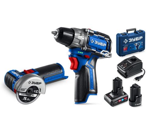 ЗУБР КОМПАКТ #5, набор: дрель-шуруповерт + мини УШМ, BRUSHLESS, 12 В, 45 Н·м, 2 АКБ тип Т7 (4 и 2 А·ч), кейс, Профессионал (DB-121-42AB)