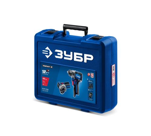 ЗУБР КОМПАКТ #5, набор: дрель-шуруповерт + мини УШМ, BRUSHLESS, 12 В, 45 Н·м, 2 АКБ тип Т7 (4 и 2 А·ч), кейс, Профессионал (DB-121-42AB)