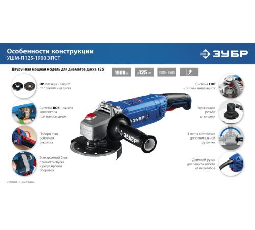 ЗУБР 1900 Вт, d125 мм, УШМ, регулировка оборотов, Профессионал (УШМ-П125-1900 ЭПСТ)