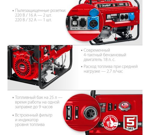 ЗУБР 8000 Вт, бензиновый генератор с электростартером (СБ-8000Е)