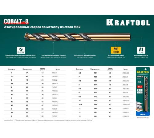 KRAFTOOL COBALT-8, 4.2 х 75 мм, сталь М42, HSS-Co(8%), сверло по металлу (29656-4.2)