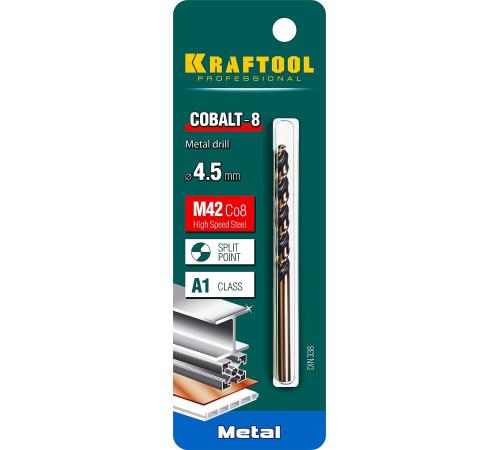 KRAFTOOL COBALT-8, 4.5 х 80 мм, сталь М42, HSS-Co(8%), сверло по металлу (29656-4.5)