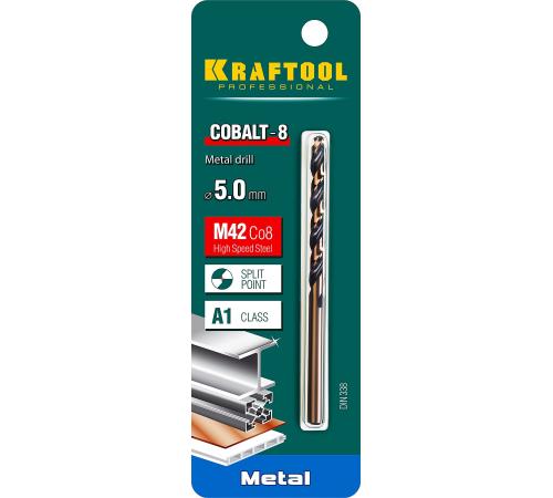 KRAFTOOL COBALT-8, 5.0 х 86 мм, сталь М42, HSS-Co(8%), сверло по металлу (29656-5)