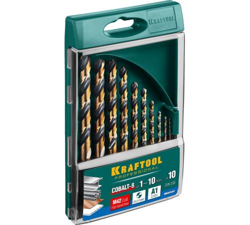 KRAFTOOL COBALT-8, 10 шт, (1-10 мм), сталь М42, HSS-Co(8%), набор сверл по металлу (29656-H10)