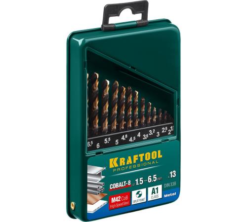 KRAFTOOL COBALT-8, 13 шт, (1.5-6.5 мм), сталь М42, HSS-Co(8%), набор сверл по металлу (29656-H13)