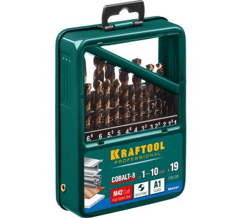 KRAFTOOL COBALT-8, 19 шт, (1-10 мм), сталь М42, HSS-Co(8%), набор сверл по металлу (29656-H19)