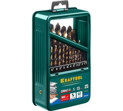KRAFTOOL COBALT-8, 25 шт, (1-13 мм), сталь М42, HSS-Co(8%), набор сверл по металлу (29656-H25)